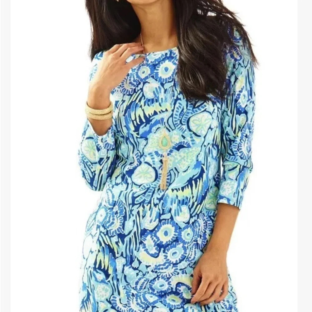 Lilly Pulitzer NWOT Marlowe Blue/Green Indigo Sunset Swim Midi Sheath Dress SML